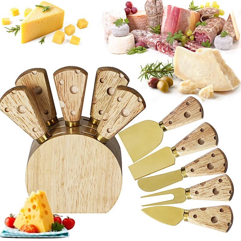 Mini aço inoxidável Queijo Faca Set com suporte, queijo Slicer, cortador de manteiga, 6 PCs