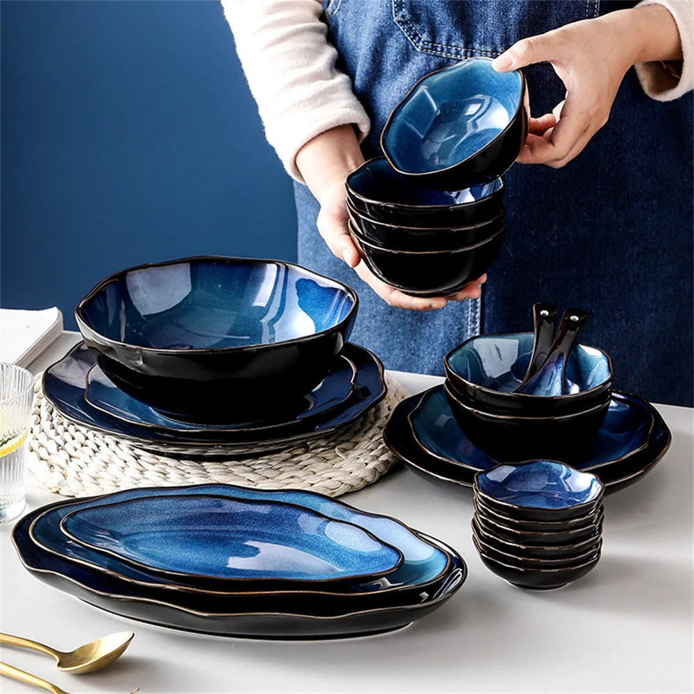 Dinner Set Safe To Use Porcelain Is Fine And Shiny Blue Kiln Glaze Noodles Bowl Northern Europe Bowls And Dishes Soup Bowl