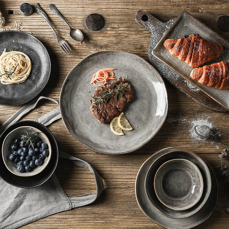 Prato de Cerâmica Japonesa, Tigela de Arroz, Bandeja De Comida, Louça Cinza Retro, Salada De Frutas De Porcelana Sushi Prato De Servir, Louça