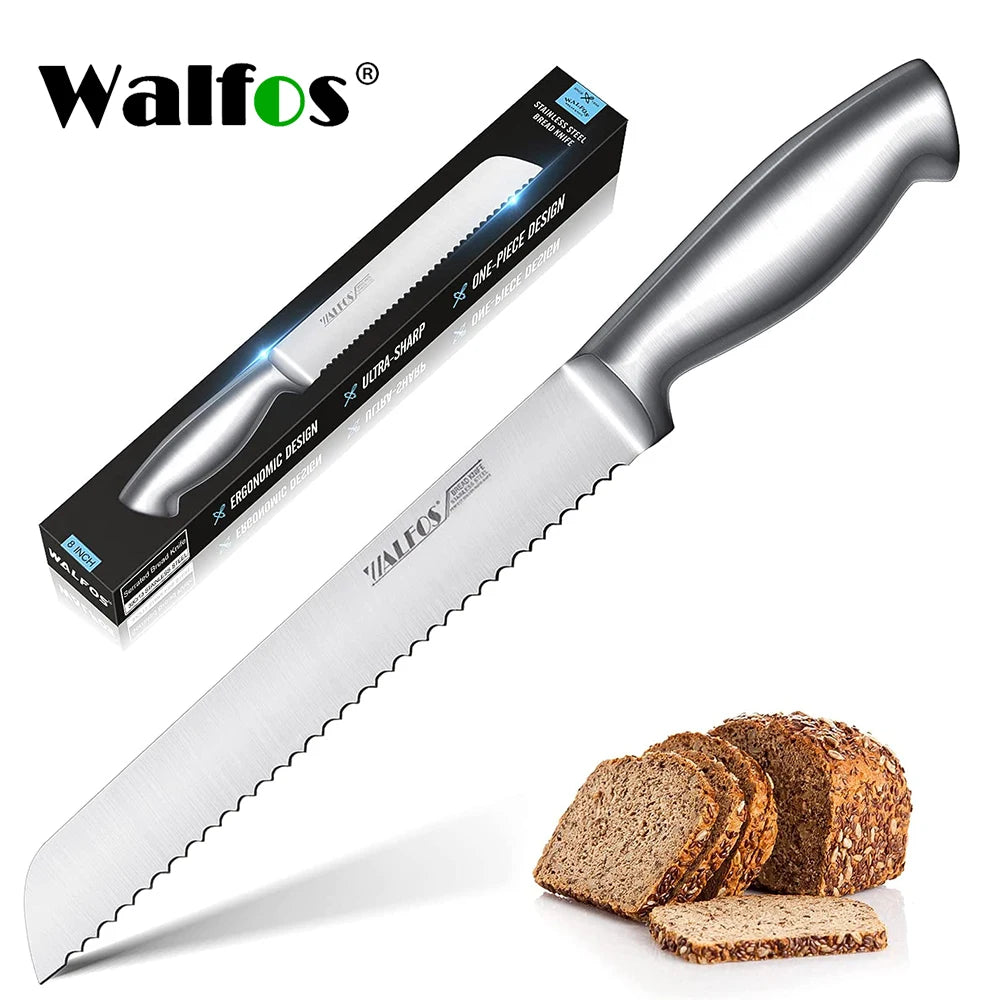 Walfos-aço inoxidável serrilhado pão faca de corte, Ultra Sharp, One Piece Design, punho ergonômico, 8 "lâmina