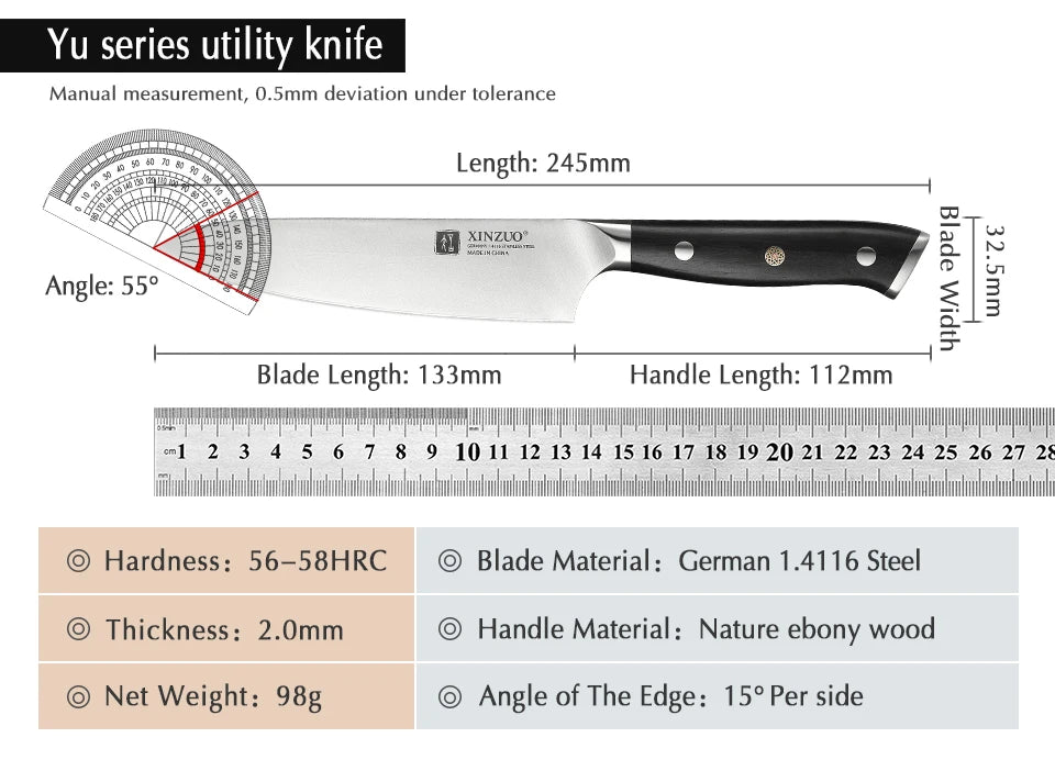 XINZUO-High Carbon Stainless Steel Utility Knife, Alemanha 1.4116, Brand Small Facas, Acessórios de Cozinha, 5"